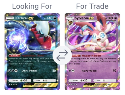 Trade matching interface showing card trades